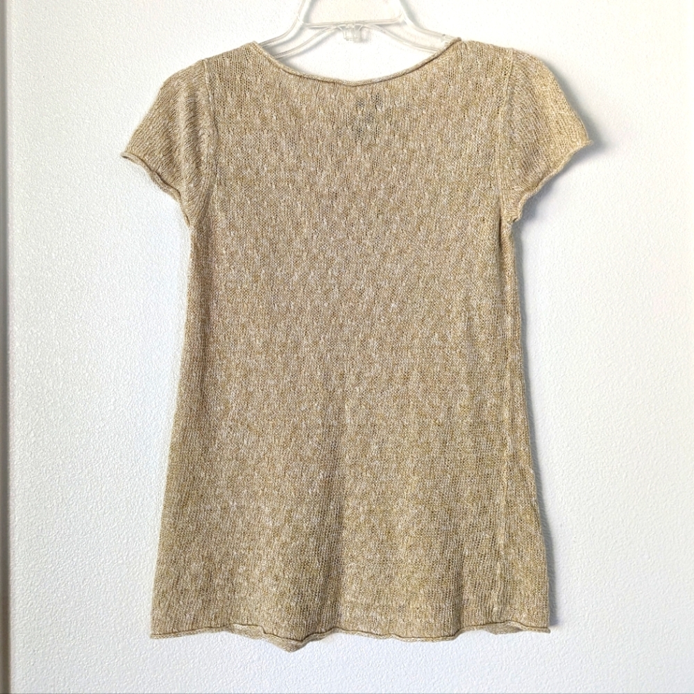 Eileen Fisher Linen Yellow/Tan Open Knit Capped Sleeve T- Shirt Top Size PS - Picture 3 of 11